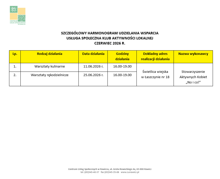 Harmonogram usługi społecznej - Kluby Aktywności Lokalnej - MAJ 2026 r.