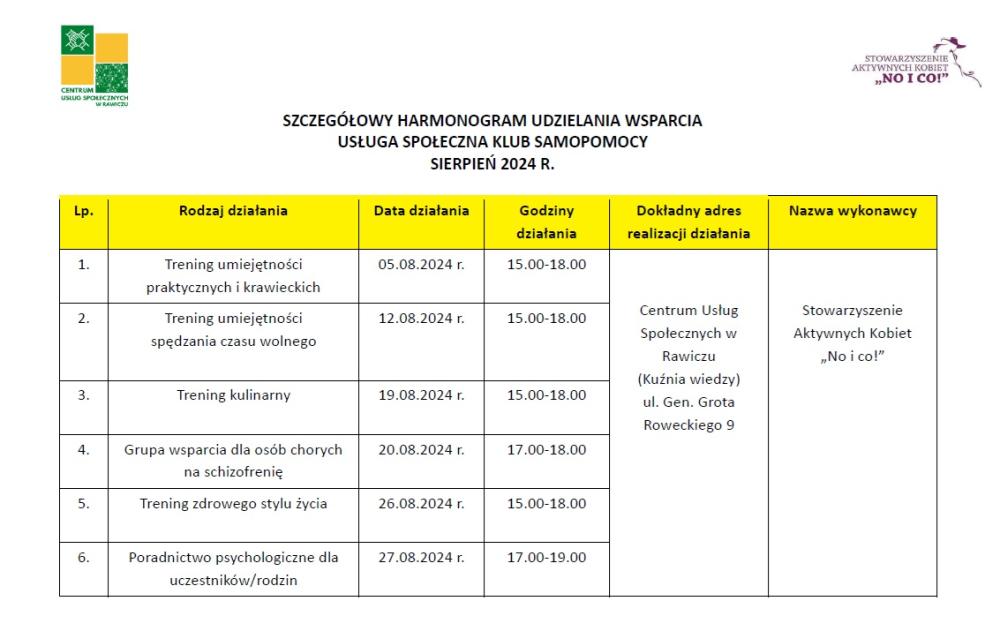 Harmonogram - Klub Samopomocy dla Osób z Zaburzeniami Psychicznymi - sierpień 2024